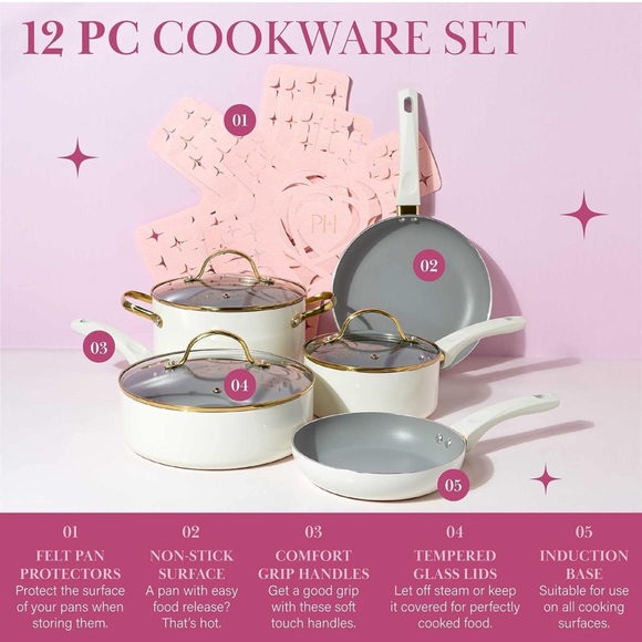 PARIS HILTON Nonstick Pots and Pans Cookware Set | Color: Cream | Size: 12-Piece - Picture 3 of 8